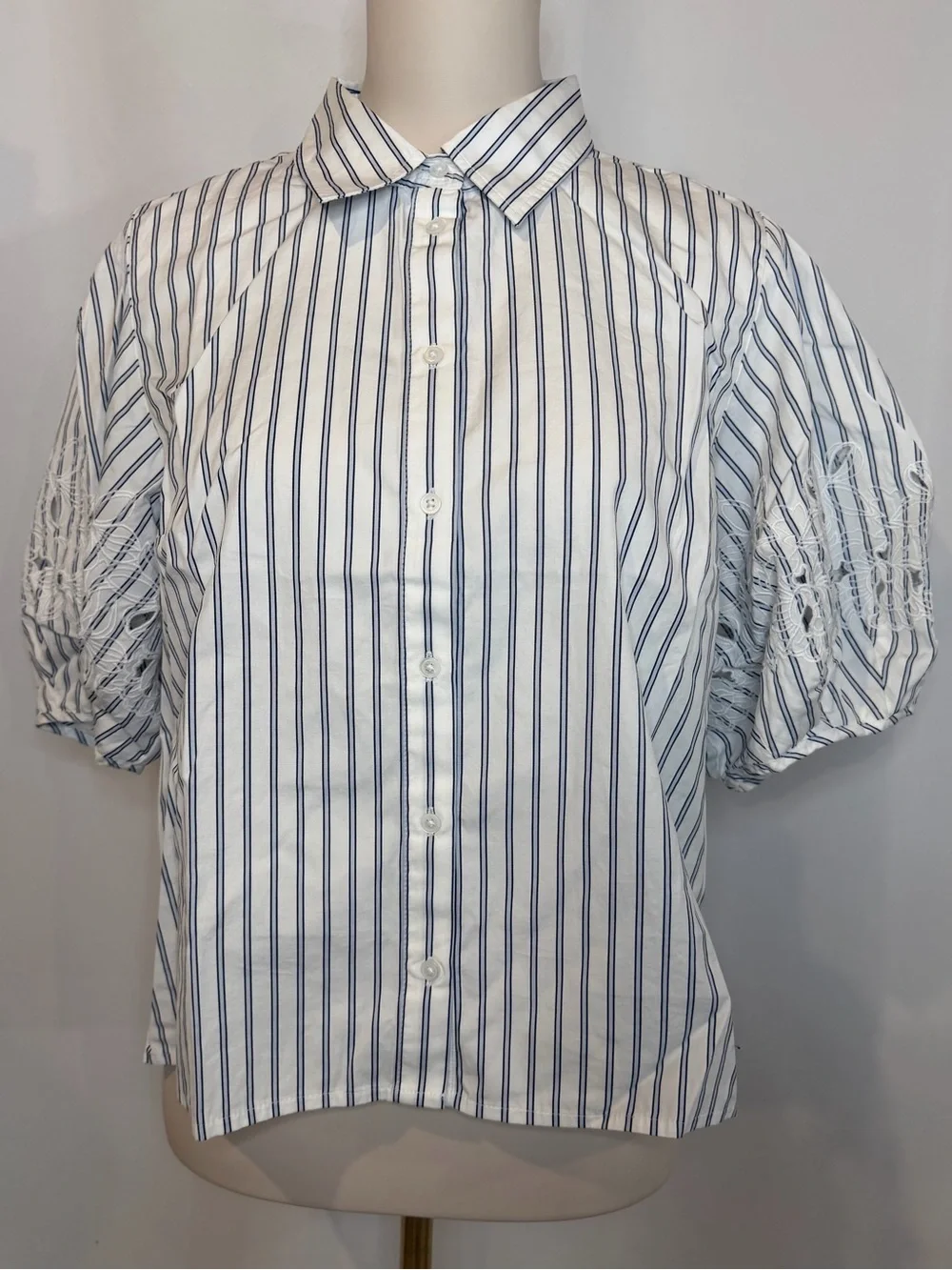 J.Crew Eyelet puff-sleeve shirt in striped cotton poplin in ivory blue